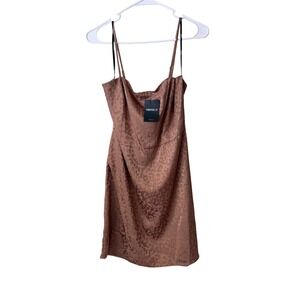 Forever 21 Brown Leopard Satin Mini Dress Cowl Neck Adjustable Straps Size L NWT